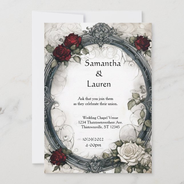 Invitación Rosas de acuarela Boda de Gótico con marco (Anverso)
