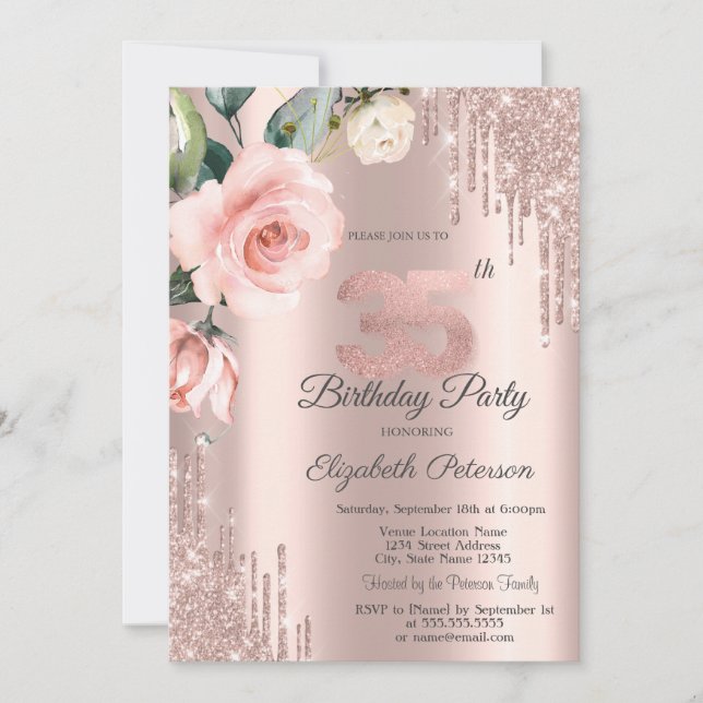 Invitación Rosas de Acuarela con Brillo de Goteo Cumpleaños 3 (Anverso)