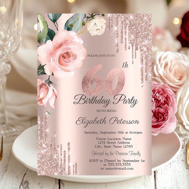 Invitación Rosas de Acuarela con Brillo que Gotea Cumpleaños  (Subido por el creador)