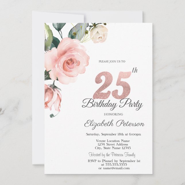 Invitación Rosas de acuarela con rubor Cumpleaños 25 (Anverso)