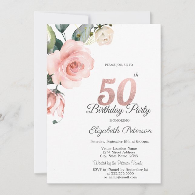 Invitación Rosas de acuarela con rubor Cumpleaños 50 (Anverso)