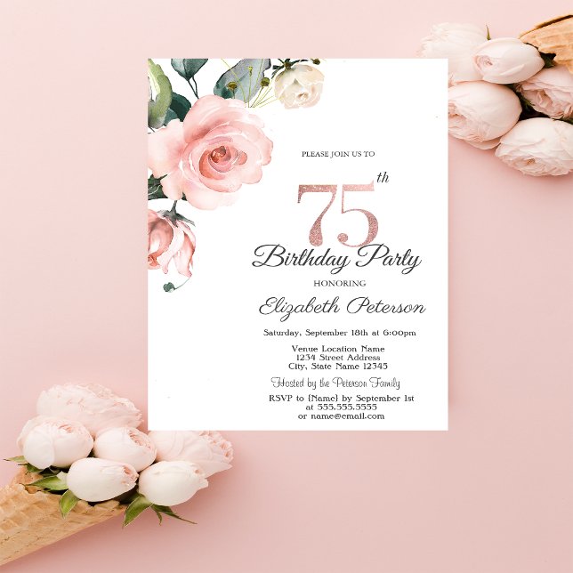 Invitación Rosas de acuarela con rubor Cumpleaños 75 (Subido por el creador)