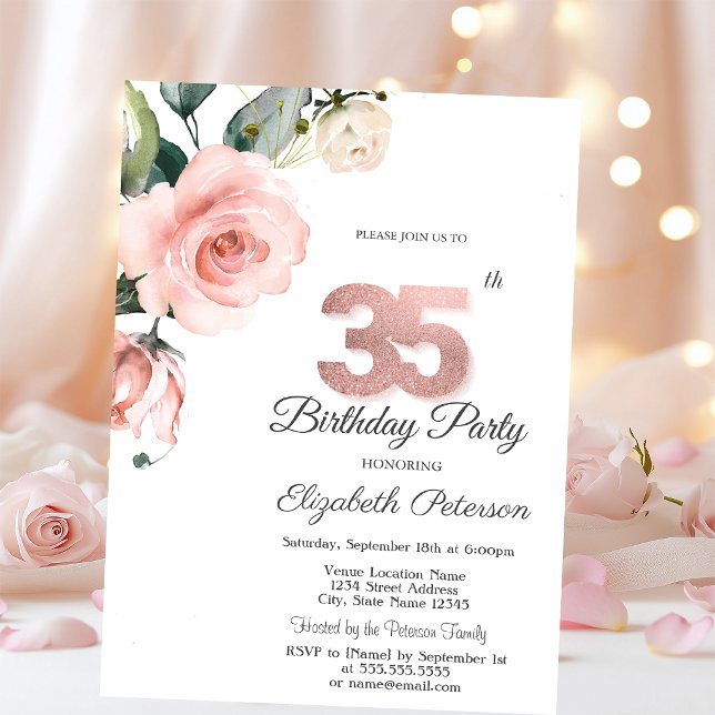 Invitación Rosas de acuarela con rubor Cumpleaños número 35 (Subido por el creador)