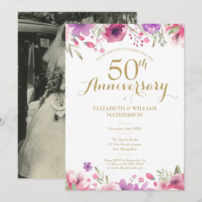 Invitación rosas de acuarela de foto de 50 años de Boda (Anverso / Reverso)