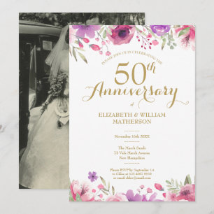 Invitación rosas de acuarela de foto de 50 años de Boda