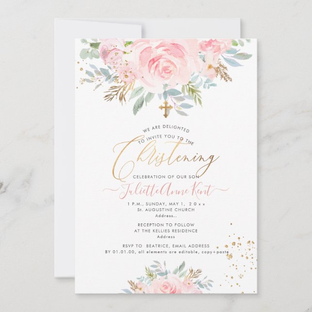 Invitación Rosas de acuarela de Rubor PixDezines Christening (Anverso)