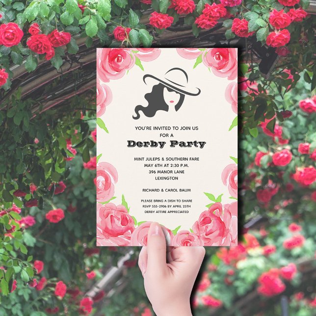 Invitación Rosas de acuarela Derby Fiesta (A lady in her big hat and a rose border Derby Party invitations)