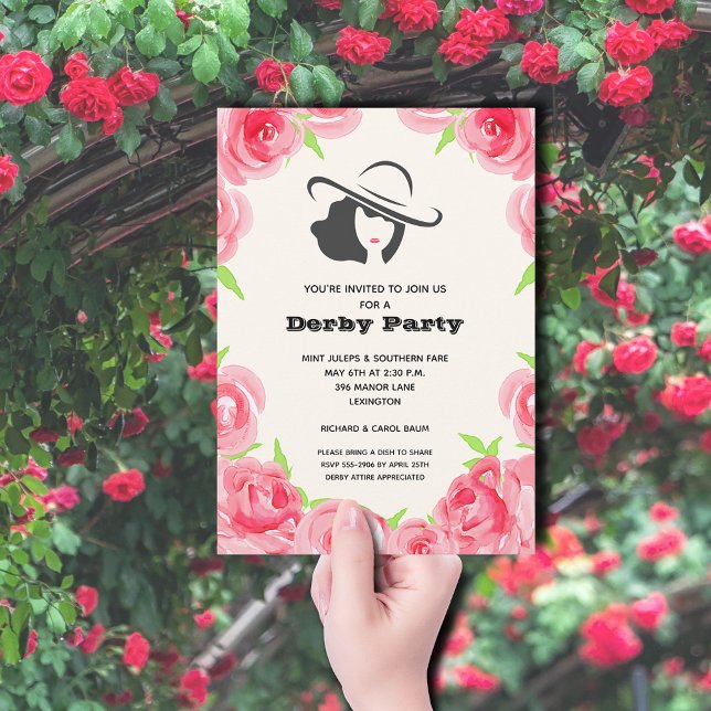 Invitación Rosas de acuarela Derby Fiesta (Big Hat Lady and Roses Derby Party Invitations)