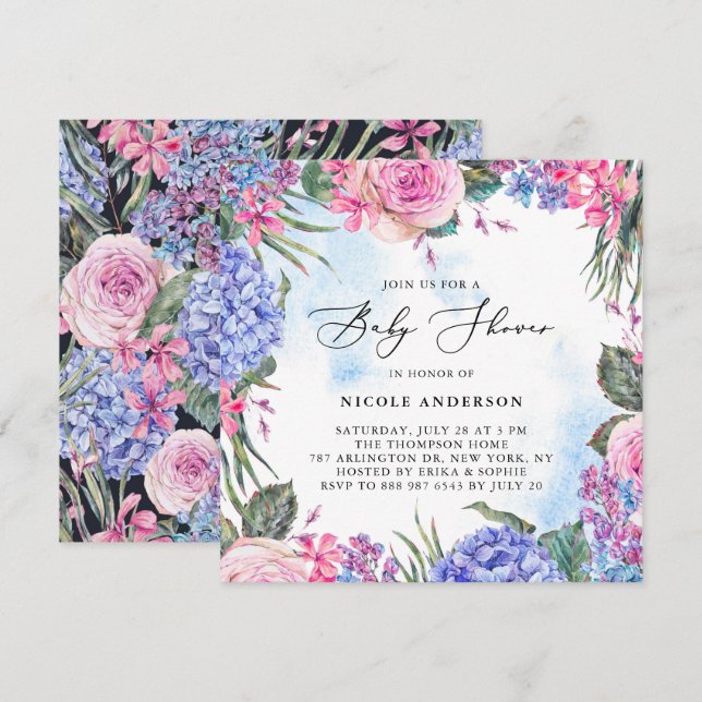 Invitación Rosas de acuarela e Hydrangeas Baby Shower (Anverso / Reverso)