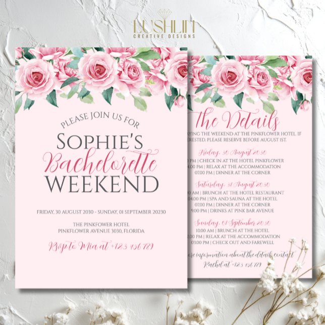 Invitación Rosas de acuarela fin de semana de soltera y detal (Subido por el creador)