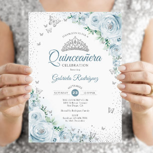 Invitación Rosas de acuarela floral azul bebé Quinceanera