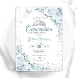 Invitación Rosas de acuarela floral azul bebé Quinceanera