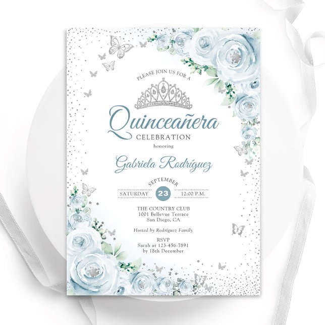 Invitación Rosas de acuarela floral azul bebé Quinceanera (Subido por el creador)
