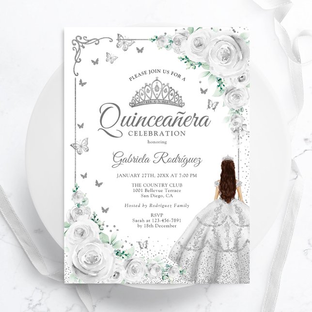 Invitación Rosas de acuarela floral plateada Quinceanera (Subido por el creador)