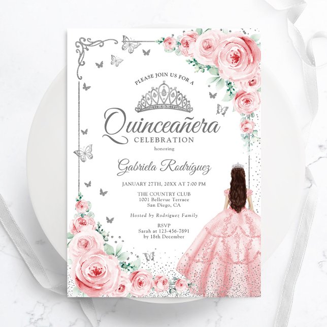 Invitación Rosas de acuarela floral rosada Quinceanera platea (Subido por el creador)
