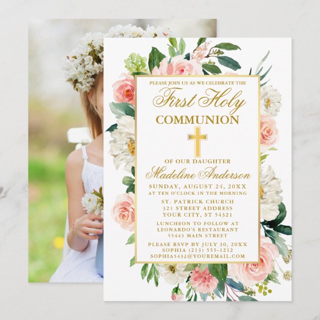 Invitación Rosas de acuarela florió primera foto de la comuni (Anverso / Reverso)