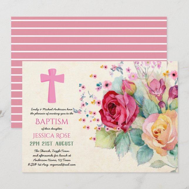 Invitación Rosas de acuarela invitan a Chicas de BAPTISM (Anverso / Reverso)