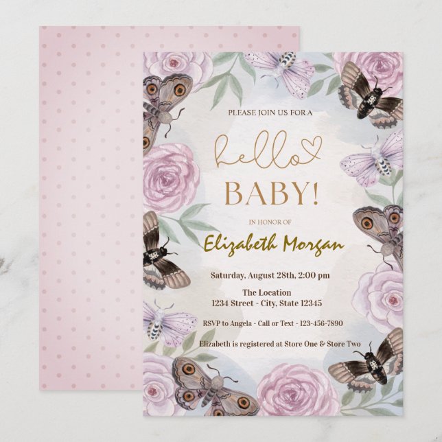 Invitación Rosas de acuarela Mariposas puntos Baby Shower (Anverso / Reverso)