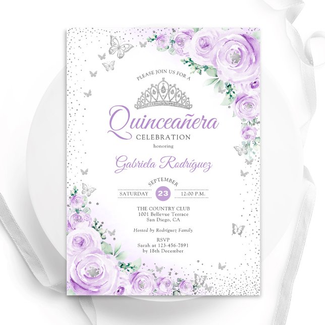 Invitación Rosas de acuarela morada floral Quinceanera (Subido por el creador)