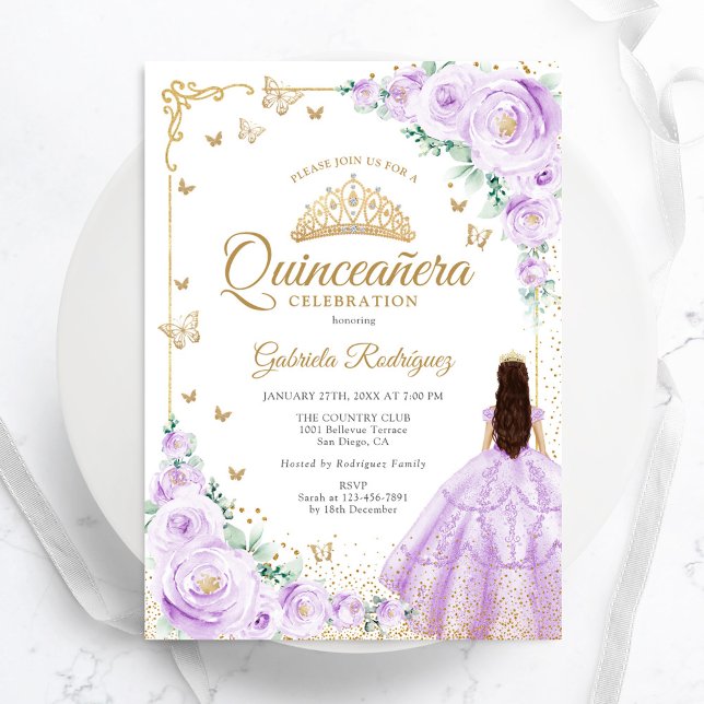 Invitación Rosas de acuarela púrpura Lilac Quinceanera de oro (Subido por el creador)