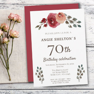 Invitación Rosas de Acuarela Roja Fiesta de Cumpleaños 70