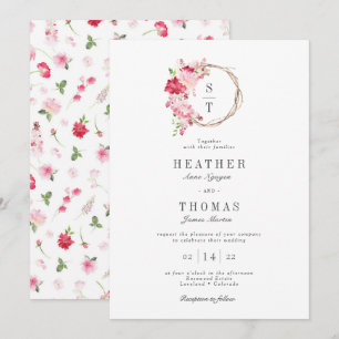 Invitación Rosas de Acuarela Roja Monograma Corona Boda