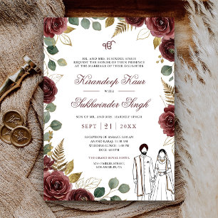 Invitación Rosas de acuarela rojas granate para la boda Sikh