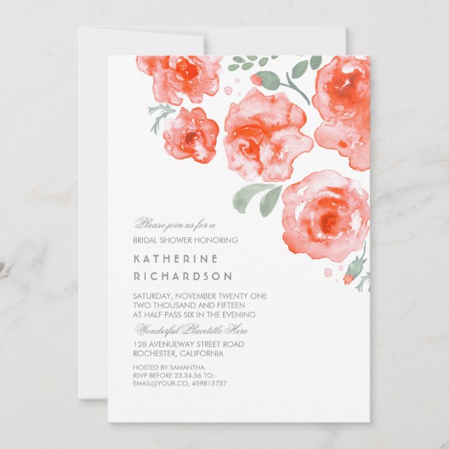 Invitación Rosas de acuarela Romantic Bridal Shower (Anverso)
