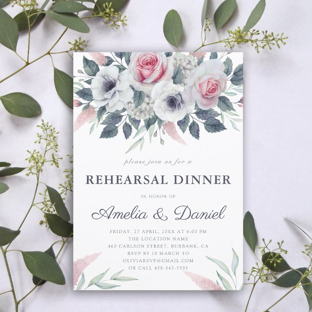 Invitación Rosas de acuarela románticos ensayo azul cena (Subido por el creador)