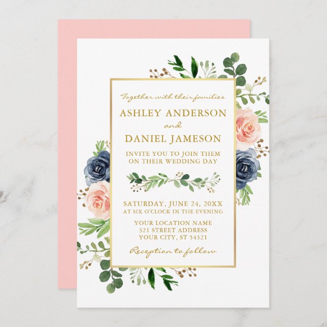 Invitación Rosas de acuarela rosa azul turbio Boda de oro (Anverso / Reverso)