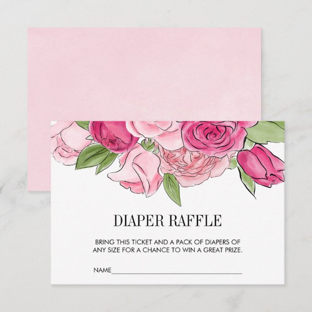 Invitación Rosas de acuarela rosa Diaper Raffle Ticket (Anverso / Reverso)