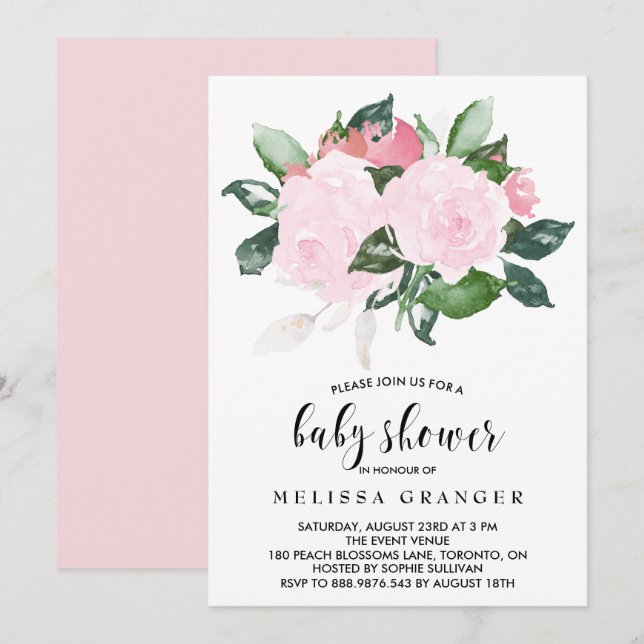 Invitación Rosas de acuarela rosa dulce Baby Shower (Anverso / Reverso)