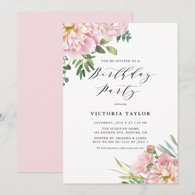 Invitación Rosas de acuarela rosa e hidrangeas de Rubor Cumpl (Anverso / Reverso)