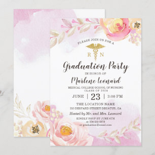 Invitación Rosas de acuarela rosa RN Graduación de Enfermeras