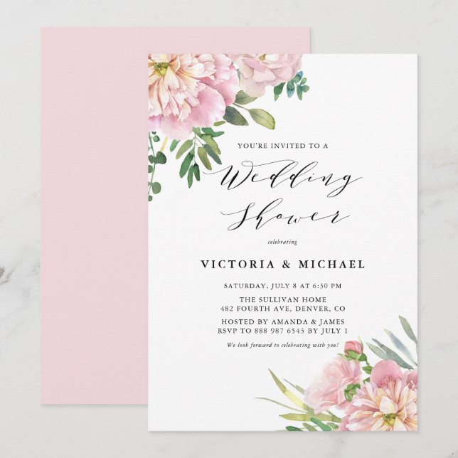 Invitación Rosas de acuarela rosa Rubor ducha de matrimonio f (Anverso / Reverso)