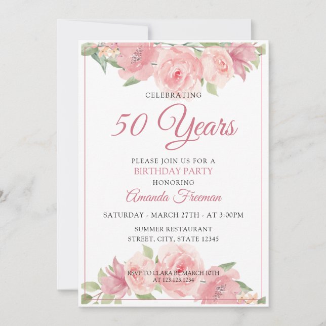 Invitación Rosas de acuarela rosada moderna Cumpleaños de la  (Anverso)
