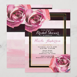 Invitación Rosas de Acuarela Rosadas Rayas Blancas y Negras M