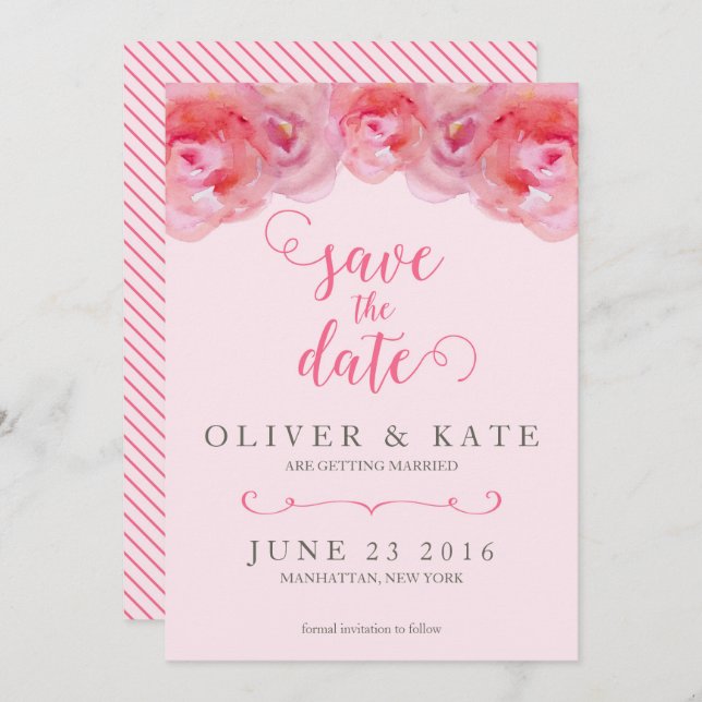 Invitación Rosas de acuarela rosadas Save the Date (Anverso / Reverso)