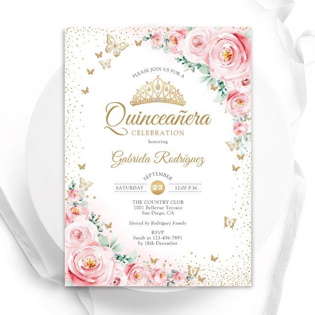 Invitación Rosas de acuarela Rubor Floral rosa Quinceanera (Subido por el creador)