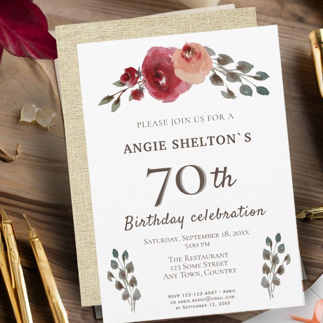 Invitación Rosas de acuarela rústica fiesta de cumpleaños 70 (Subido por el creador)