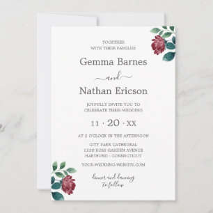 Invitación Rosas de acuarela Verde azulada de Borgoña Boda de