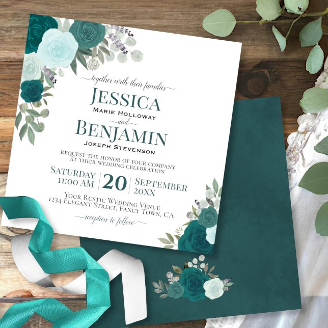 Invitación Rosas de acuarela verde azulada o turquesa matrimo (Subido por el creador)