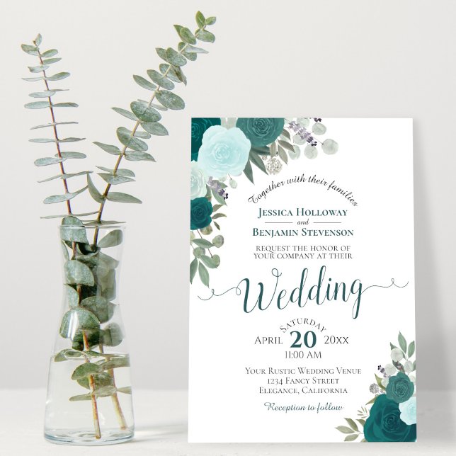 Invitación Rosas de acuarela Verde azulada y rusa Boda de flo (Subido por el creador)