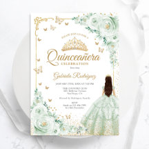 Rosas de acuarela verde sabio Quinceanera de oro