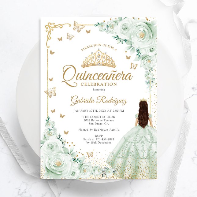 Invitación Rosas de acuarela verde sabio Quinceanera de oro (Subido por el creador)