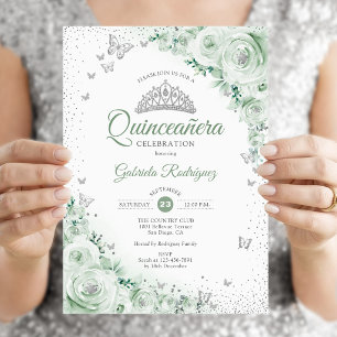 Invitación Rosas de acuarela verde salvia Quinceanera