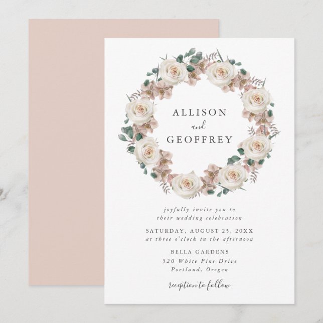 Invitación Rosas de acuarela y Boda de guirnaldas florales de (Anverso / Reverso)