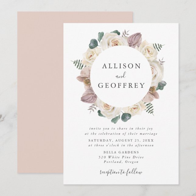 Invitación Rosas de acuarela y Boda de marco floral de orquíd (Anverso / Reverso)