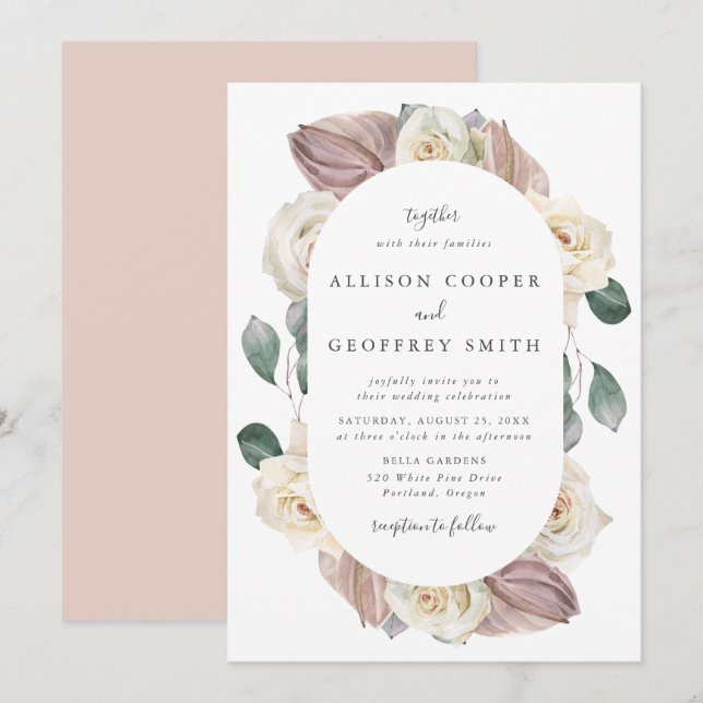 Invitación Rosas de acuarela y Boda de marcos ovalados de orq (Anverso / Reverso)