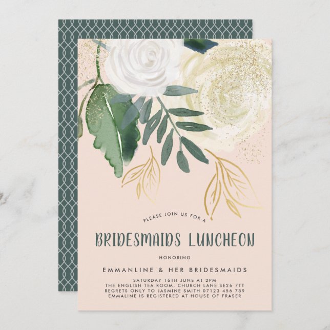 Invitación Rosas de acuarela y Purpurina Novias de Novia Lunc (Anverso / Reverso)